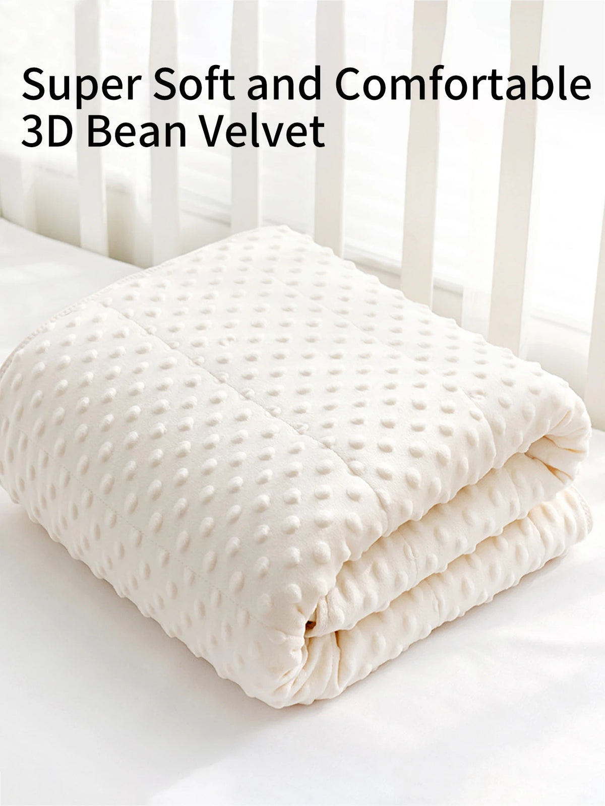 A stack of white 3D bean velvet blankets folded on a white surface.
