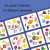 A collection of 54 cards featuring 5 themes and 57 different elements for an animal memory match card game.