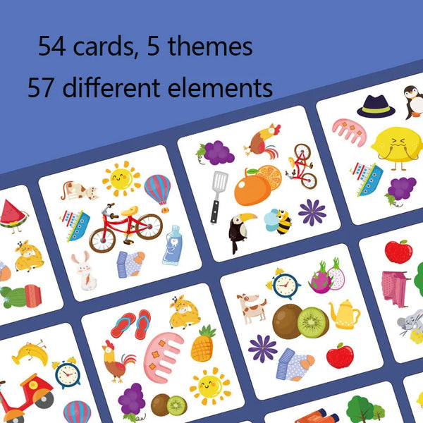 A collection of 54 cards featuring 5 themes and 57 different elements for an animal memory match card game.