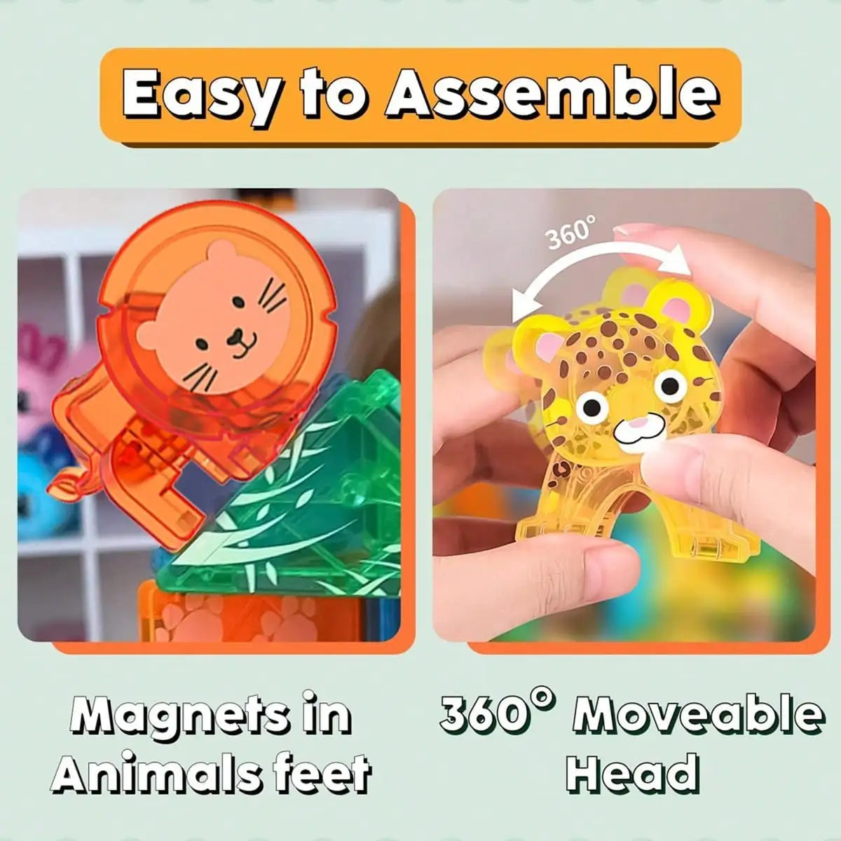A set of magnetic building blocks featuring animal figures, including a tiger and a leopard, demonstrating easy assembly and 