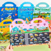 A colorful sticker book featuring Outer Space, Ocean World, and Wild Animal themes with various scenes and vehicles.