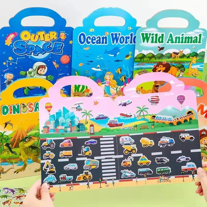 A colorful sticker book featuring Outer Space, Ocean World, and Wild Animal themes with various scenes and vehicles.