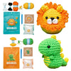 A set of wool beads and yarn for a beginner crochet kit, including instructions and finished animal toys.
