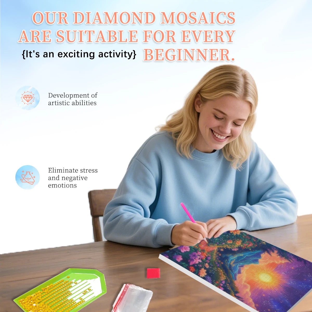 A smiling woman is painting a vibrant sunrise landscape on a diamond mosaic canvas.