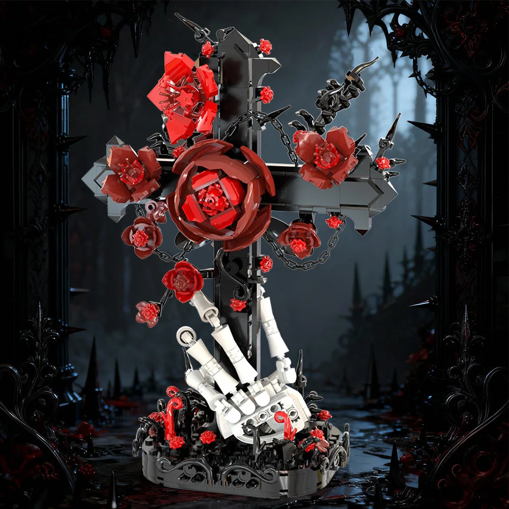 A detailed model of a cross featuring a skeleton hand and red roses, set against a dark, gothic background.