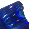 Close-up of a dark blue holographic chrome vinyl wrap film surface.