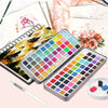 A complete watercolor paint set featuring a palette of vibrant colors, brushes, and pencils displayed on paper.