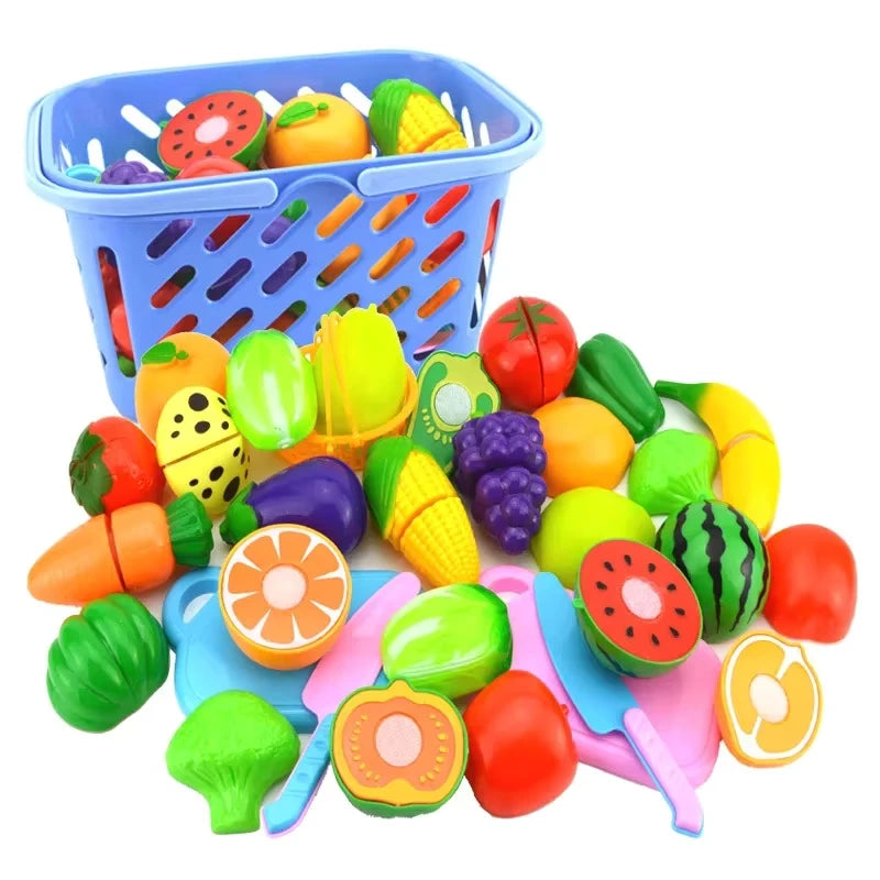 A colorful pretend play cutting food toy set includes a blue shopping basket filled with various plastic fruits and vegetable