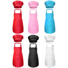 A set of five kids' chef aprons and hats in red, pink, blue, and black.