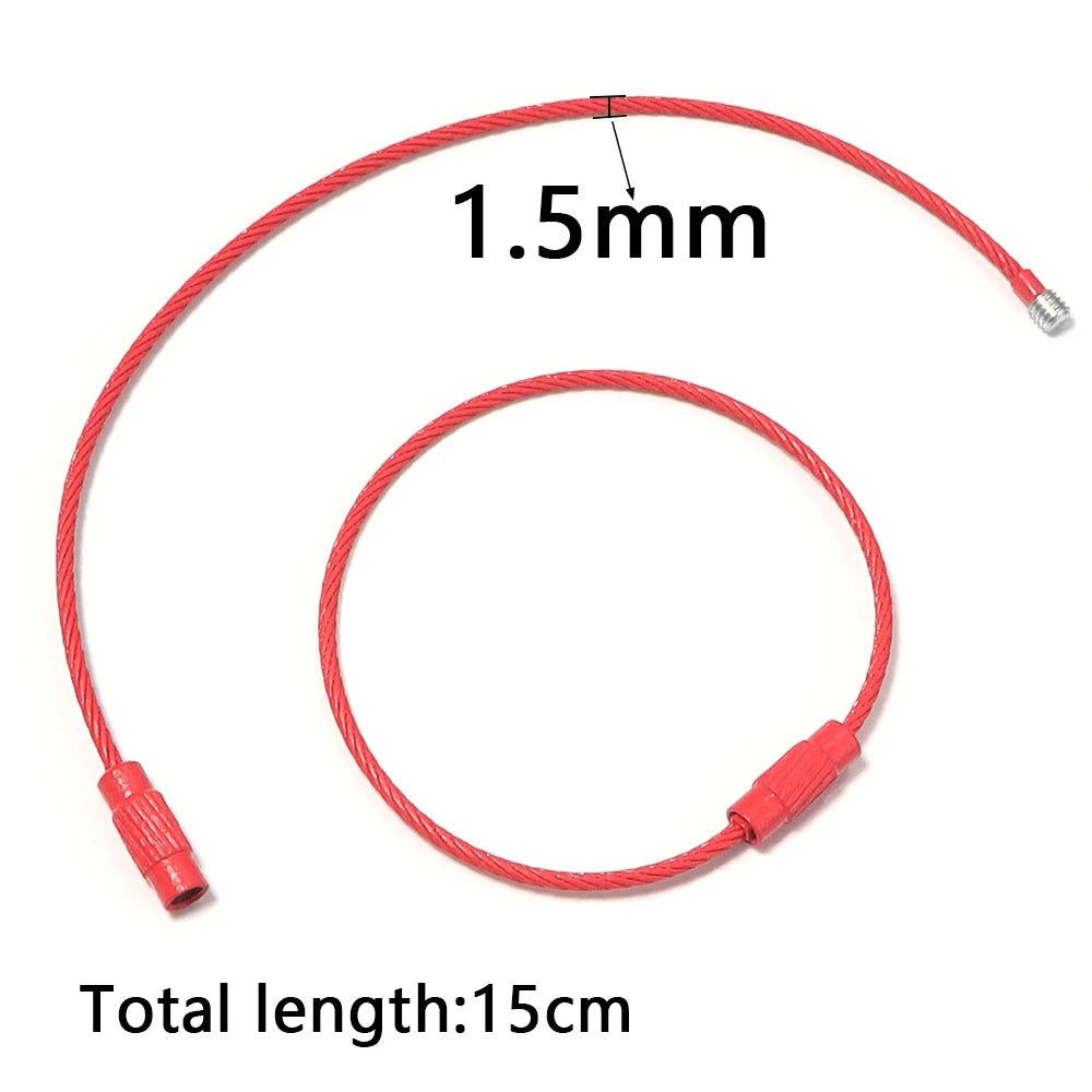 A red wire keychain ring with a screw lock, measuring 1.5mm in diameter and having a total length of 15cm.