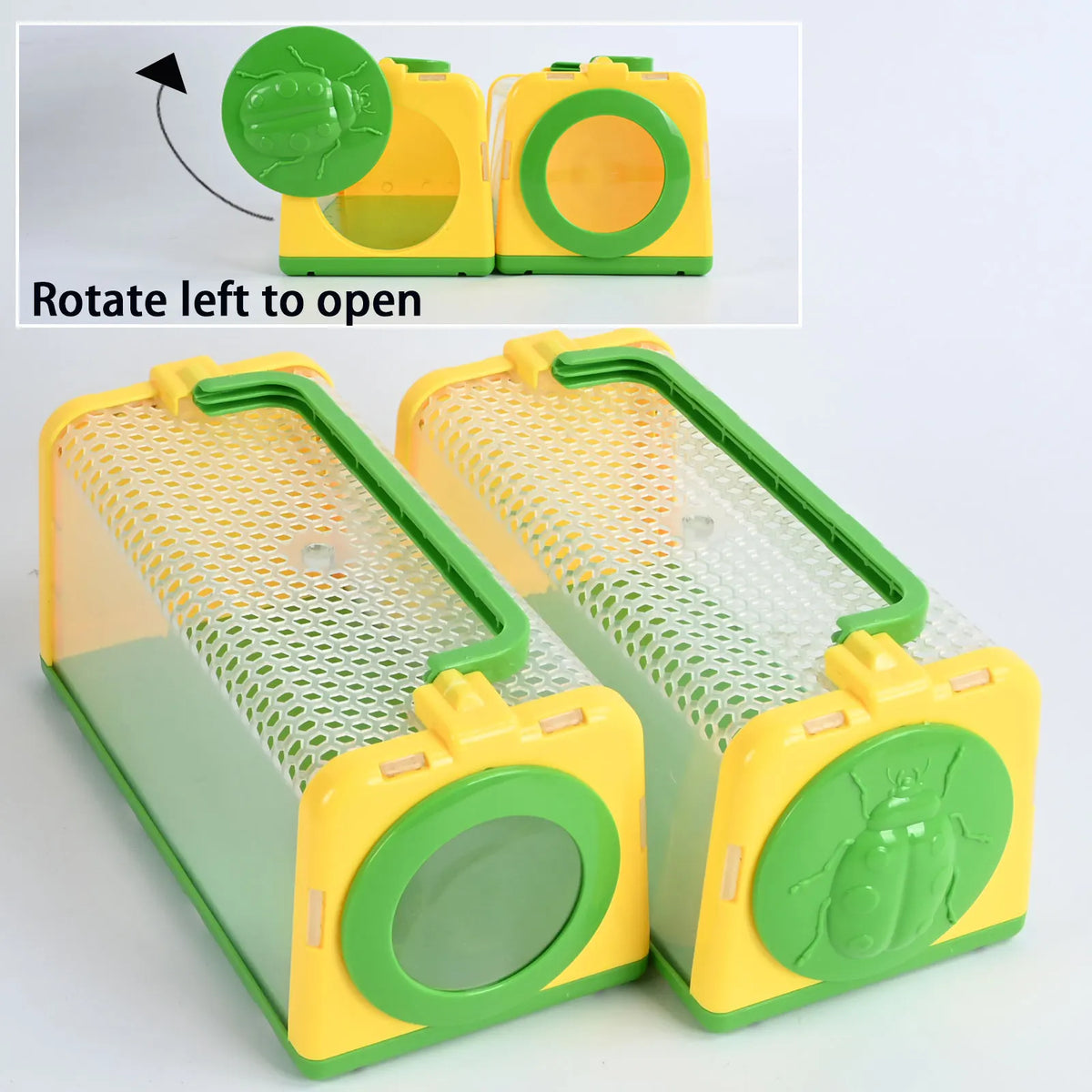 A yellow and green insect catcher with a clear observation cage, shown open and closed.