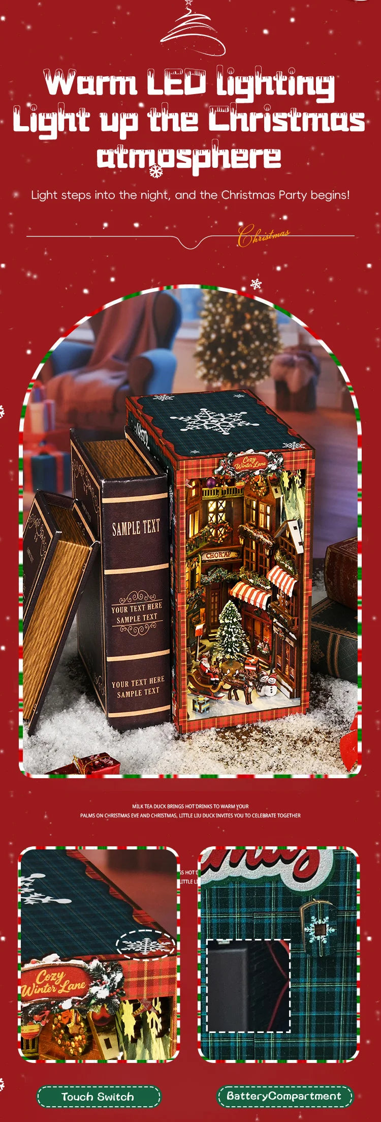 DIY wooden book nook kit featuring a Christmas street corner miniature model with a lighted display.