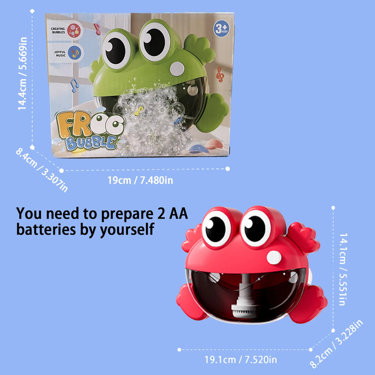 A green frog bubble toy with large eyes is shown next to its disassembled parts and battery information.