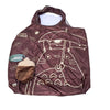 A brown fabric bag featuring a line drawing of a hippo and a small brown plush toy.