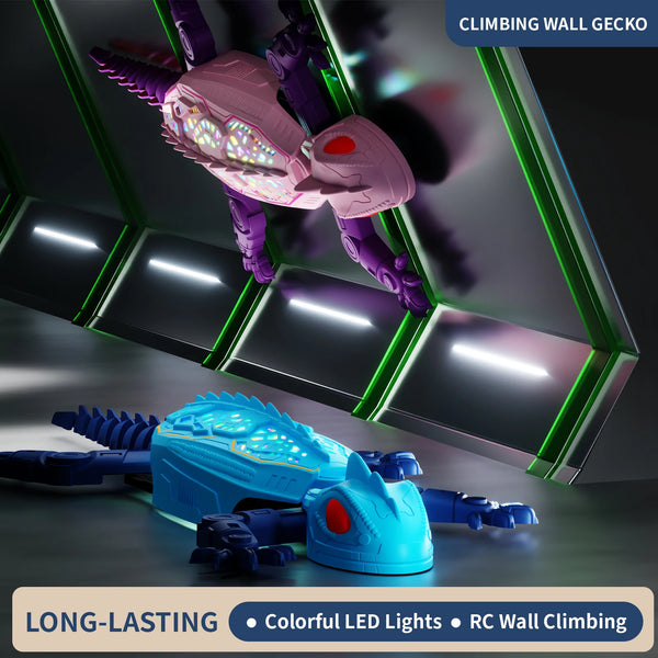 A purple and pink climbing wall gecko RC toy is shown against a dark, futuristic green grid background.