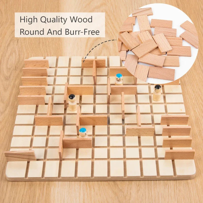 A wooden strategy chess game board with pieces and a pile of wood components.