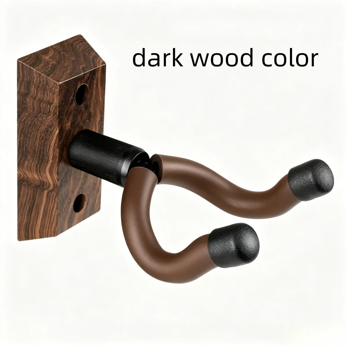 A dark wood color guitar wall mount featuring a rotating U-shaped hanger.