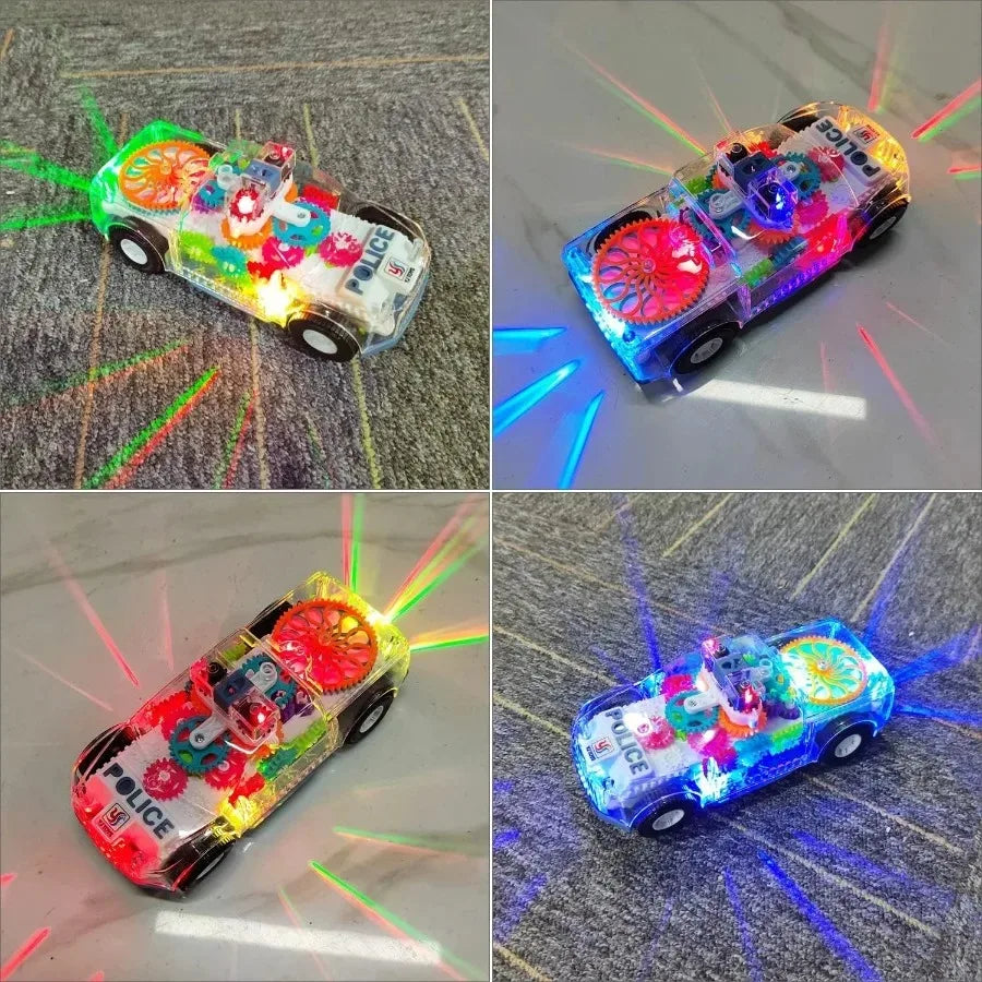 A transparent police car toy with lights and music is shown in various angles against a gray background.