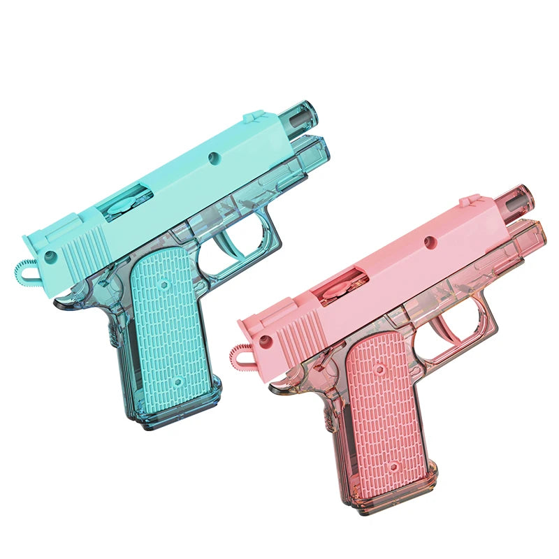 A pair of pink and blue plastic pistol water guns for outdoor summer play