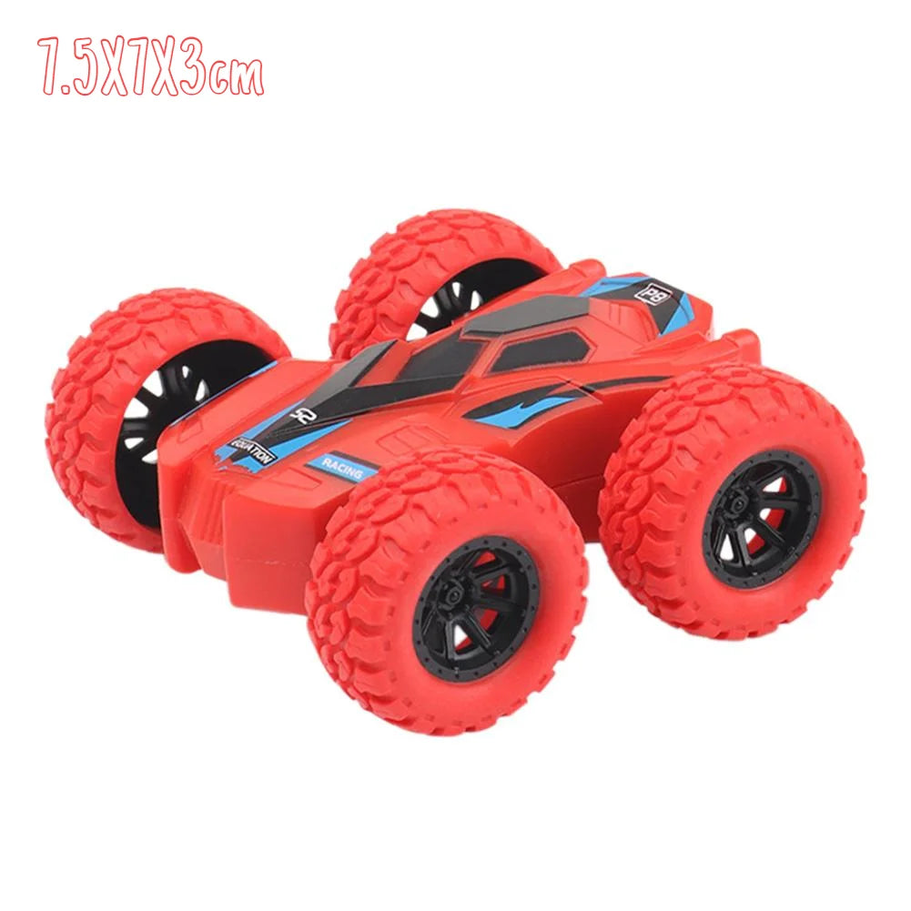 A red four-wheel drive stunt car with pull-back action and large tires.