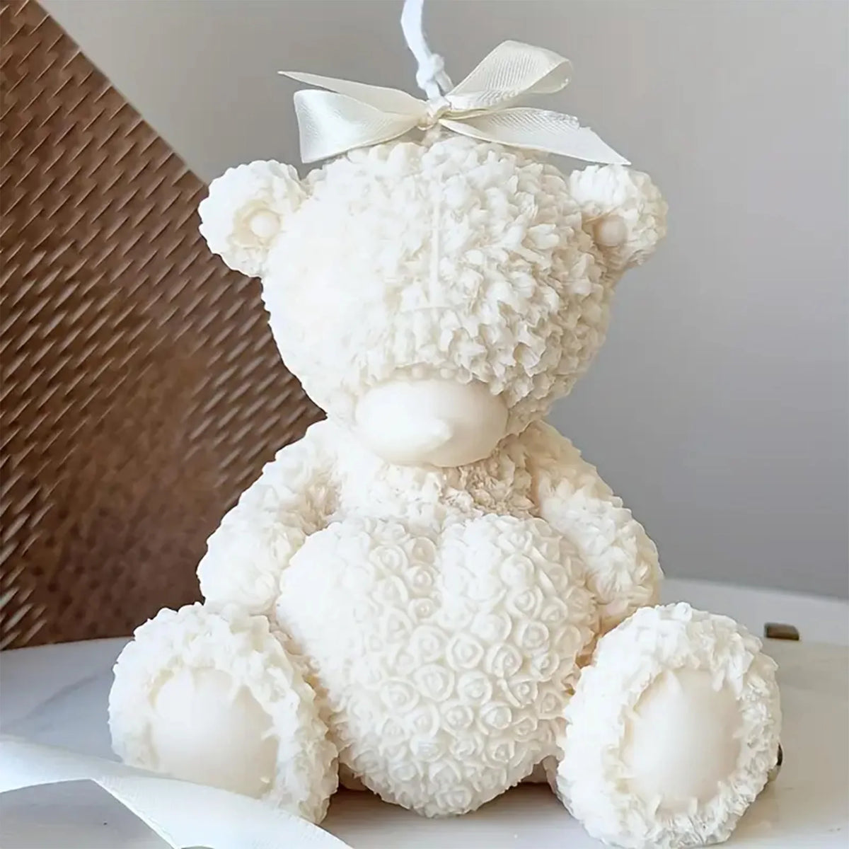 White fluffy teddy bear silicone mold shaped like a heart for candles and resin