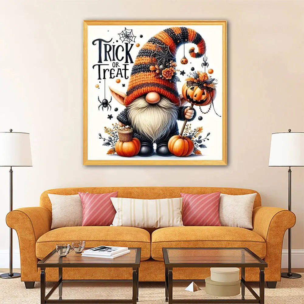 A framed painting featuring a whimsical gnome character with a beard and hat surrounded by autumn foliage.