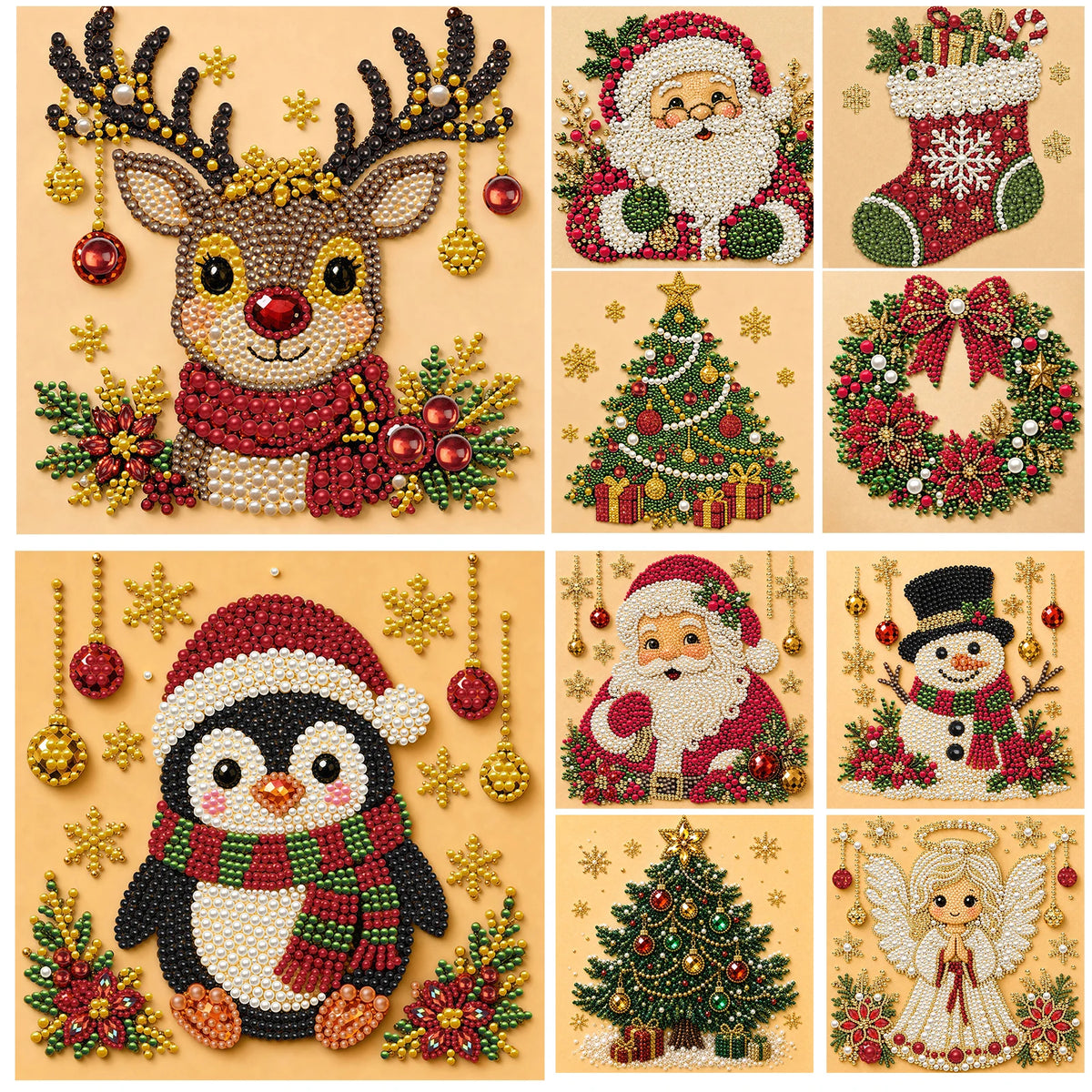 A set of festive Christmas themed pearl and diamond art designs featuring Santa, reindeer, and Christmas trees.