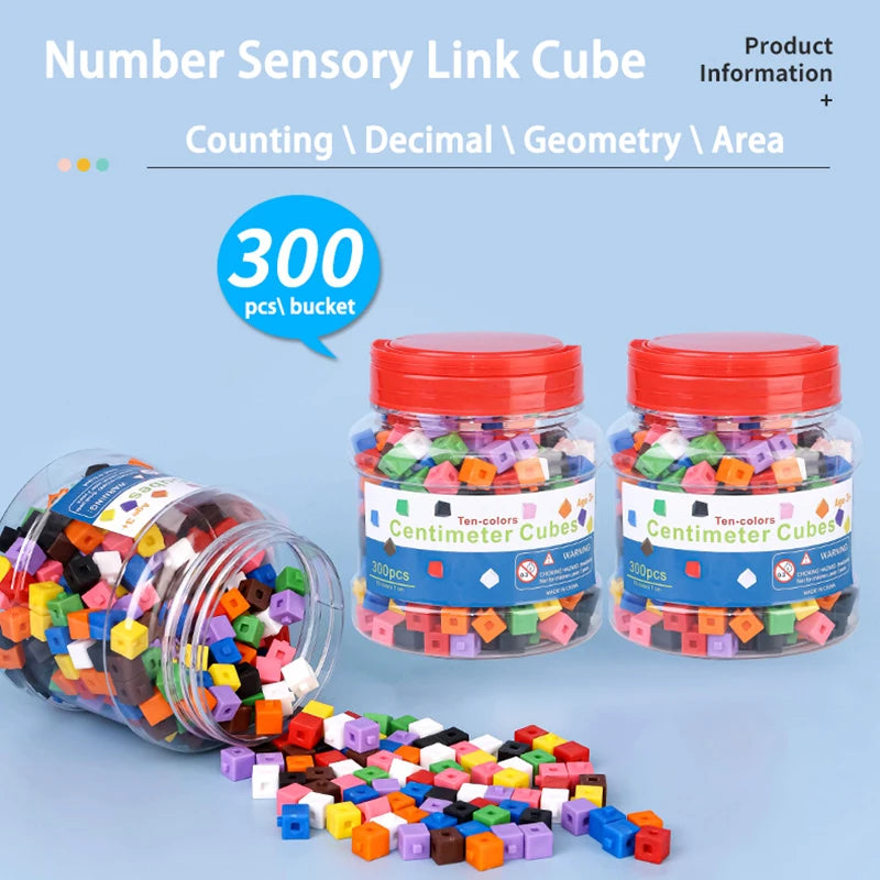A collection of colorful linking cubes and ten-colored cubes are displayed in jars and scattered on a surface.