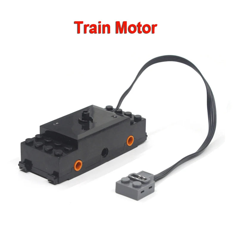 A black Train Motor with a wire connector is shown on a white background.