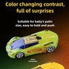 A yellow pull-back racing car showing a color change from blue to yellow.