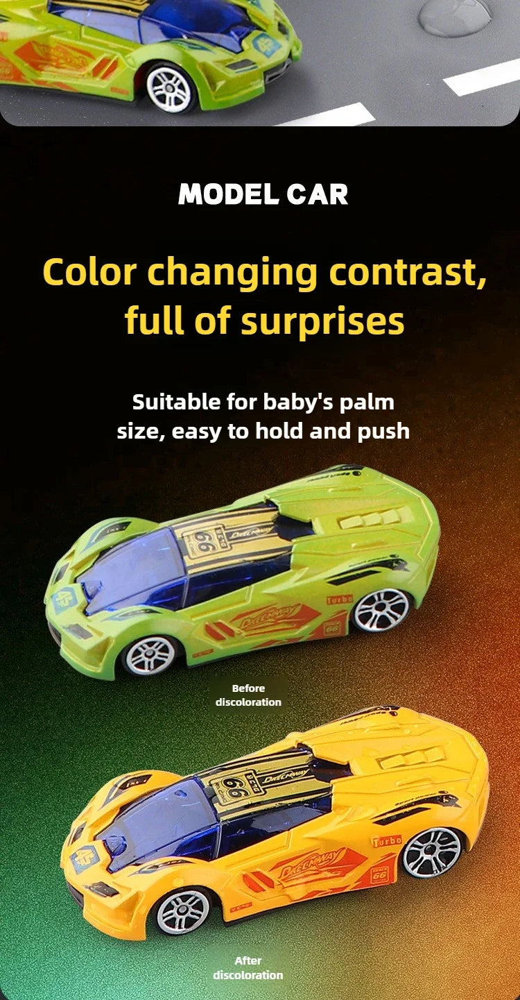 A yellow pull-back racing car showing a color change from blue to yellow.