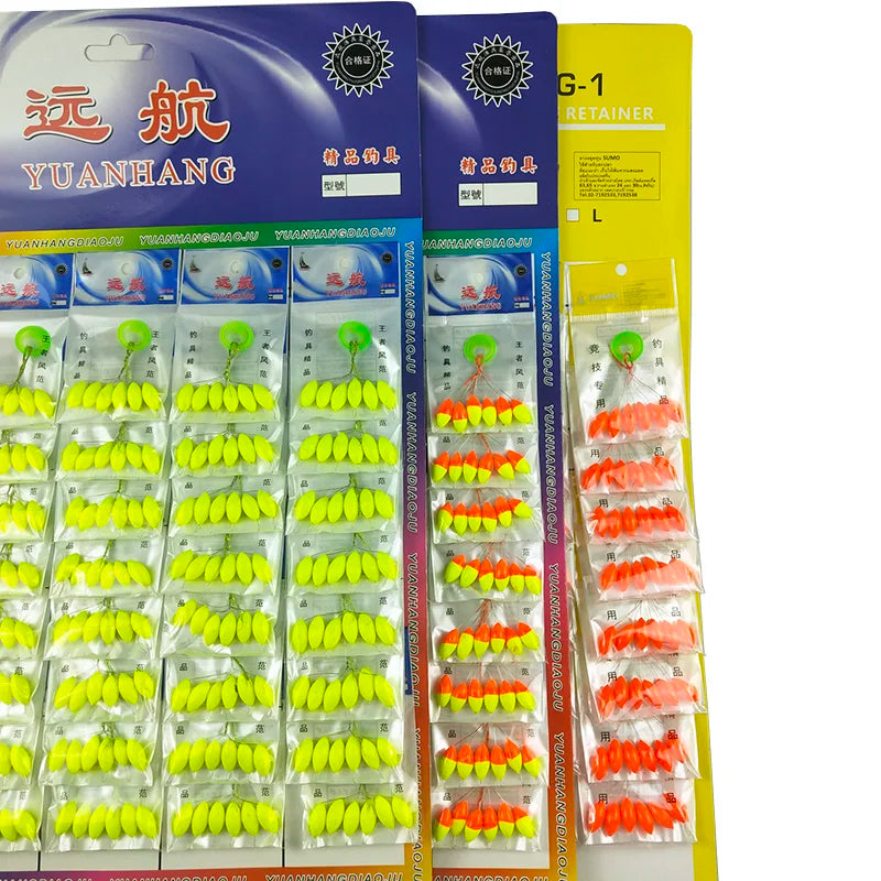 A package of yellow and orange oval seven star fishing floats with bobber beads for fishing.