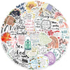 A colorful circular sticker pack featuring various Christian and inspirational phrases and symbols for laptops, diaries, and 