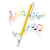 A yellow slide whistle musical toy with a silver loop and colorful musical notes drawn around it.