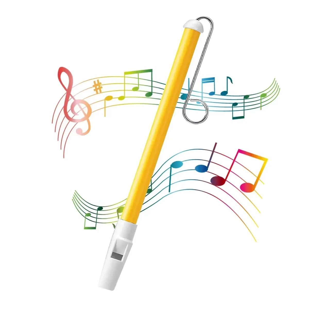 A yellow slide whistle musical toy with a silver loop and colorful musical notes drawn around it.