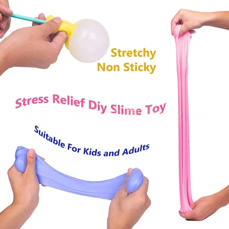 Hands demonstrate a pink stretchy non-sticky stress relief DIY slime toy for kids and adults.