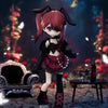 An articulated vinyl art figure of a girl with red hair and devil horns in a dark, atmospheric setting.