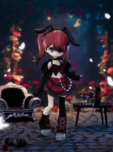 An articulated vinyl art figure of a girl with red hair and devil horns in a dark, atmospheric setting.