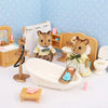 A set of forest animal miniature dollhouse furniture including a wooden toilet, mirror, and various small accessories.