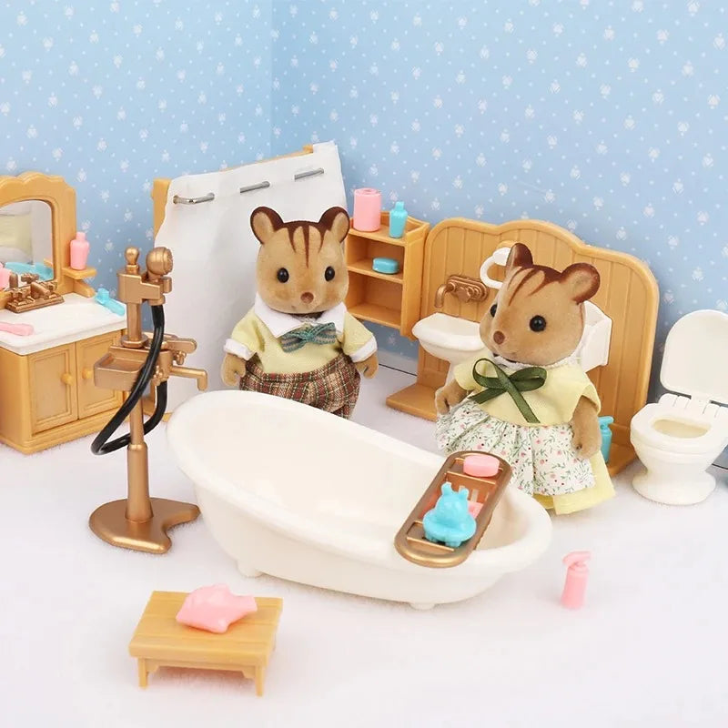 A set of forest animal miniature dollhouse furniture including a wooden toilet, mirror, and various small accessories.