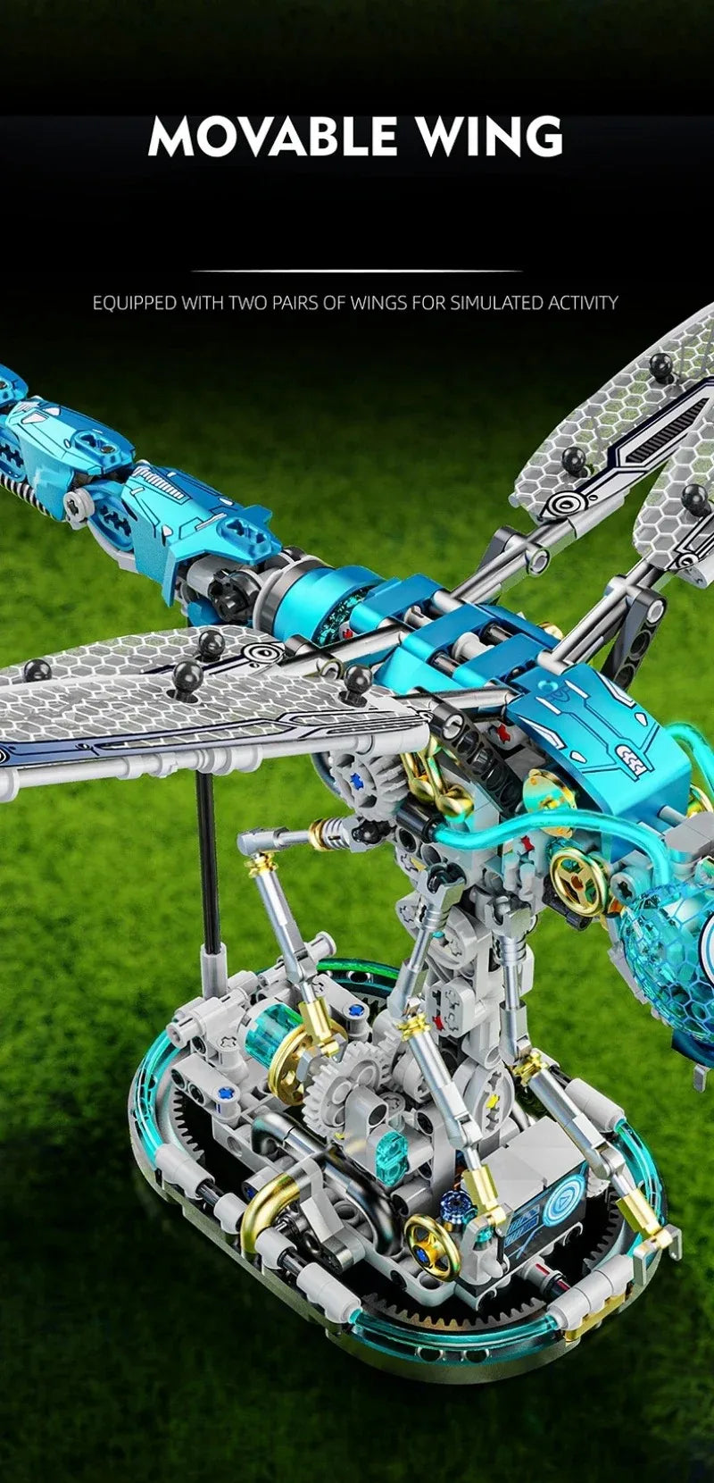 A detailed mechanical model of a dragonfly with two pairs of wings, featuring blue and silver components.