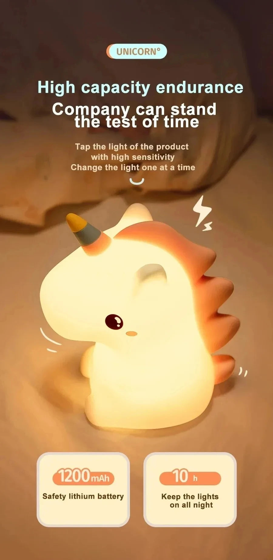 A cute white unicorn silicone LED night light illuminating a surface, showing battery capacity and usage time.