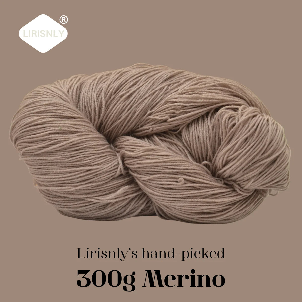 A ball of natural beige Merino wool yarn, approximately 300g, shown in a close-up.
