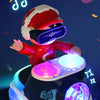 Figure blindée rouge et blanche montée sur une voiture DJ interactive avec des lumières brillantes, suggérant la musique