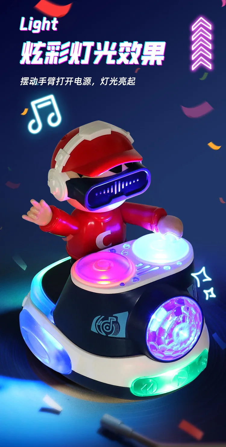 Figure blindée rouge et blanche montée sur une voiture DJ interactive avec des lumières brillantes, suggérant la musique