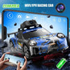 A blue racing car is shown in a mobile phone screen, demonstrating WiFi/FPV racing car capabilities.