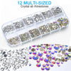 A multi-sized crystal ab rhinestones kit featuring various sizes and colors of glass gems in small compartments.