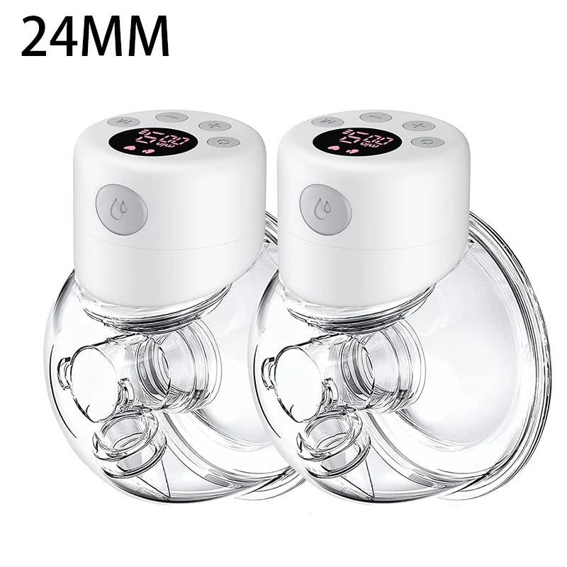 A white electric breast pump with silicone flanges is shown, featuring a control panel and clear glass components.