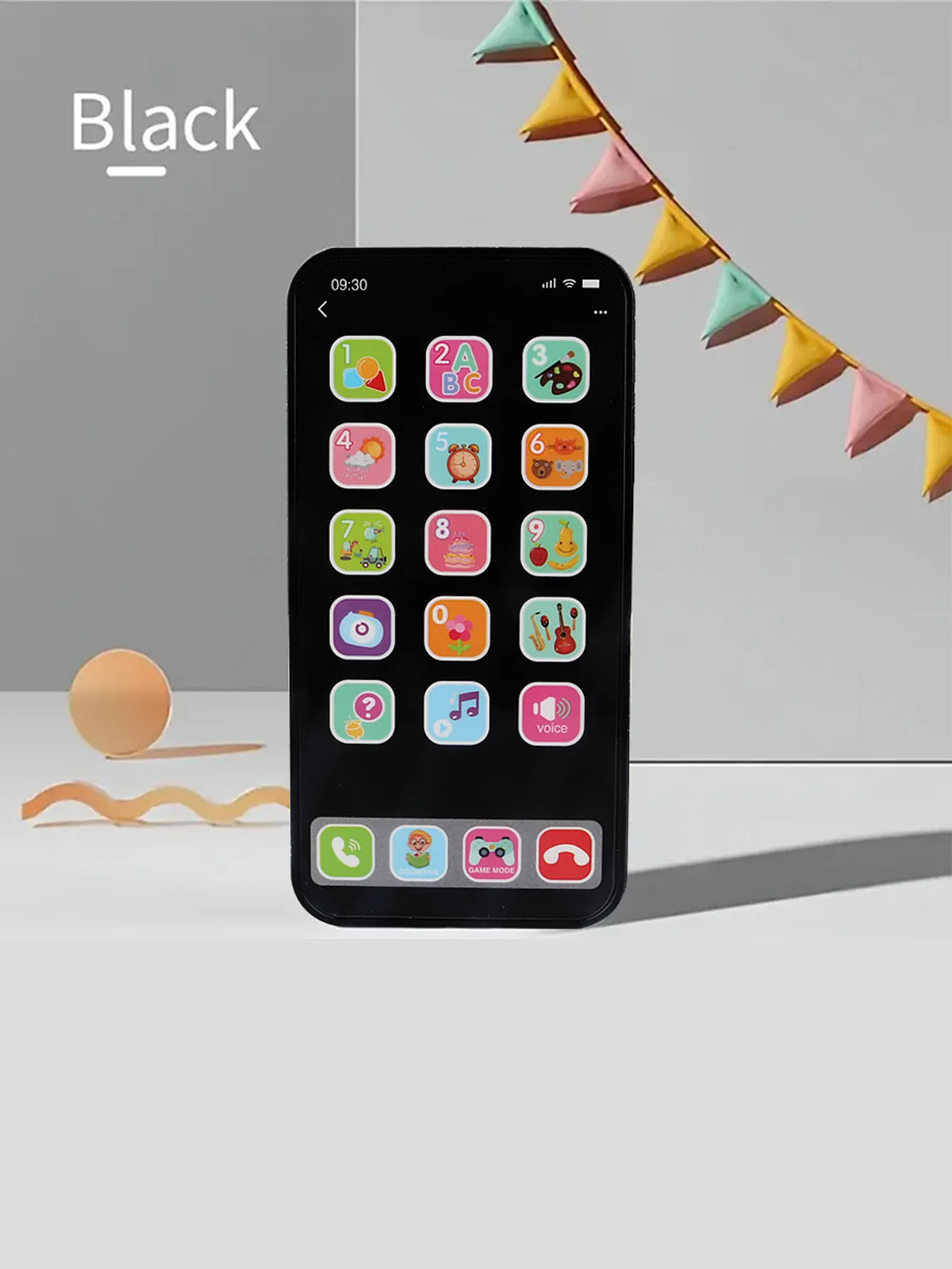 A black interactive baby learning phone toy displaying various colorful icons and a digital clock.