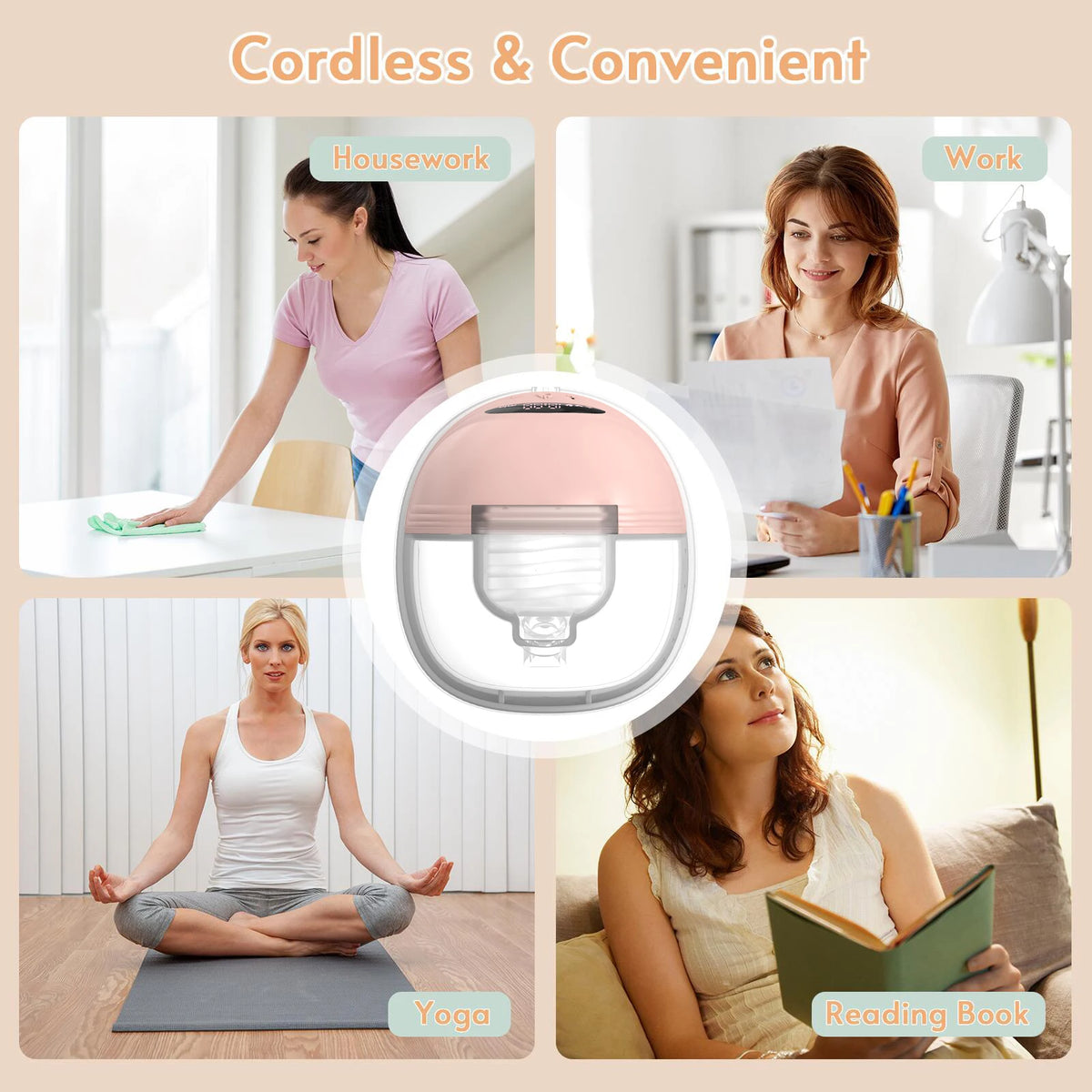 A collection of images showing a cordless breast pump used for housework, work, yoga, and reading.